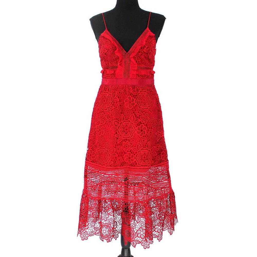 Self-Portrait Raspberry Red Floral Lace Midi Dress Ruffle Sleeveless 4 Small - Picture 2 of 9